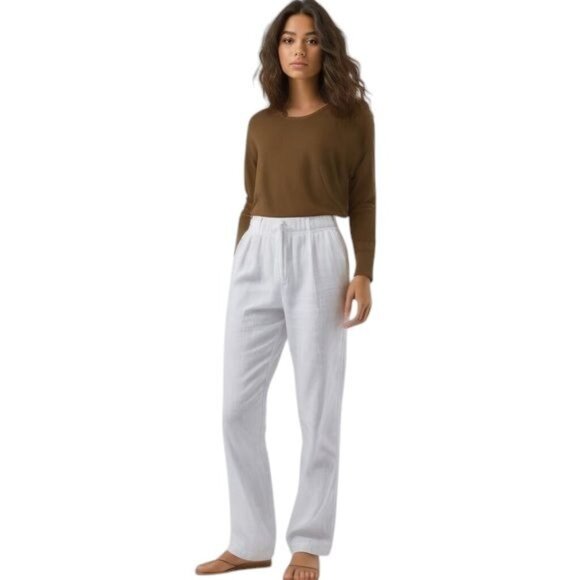 Athleta Cabo Linen Pants Women's Size 16 Casual White Wide Leg Pull On Pockets - Picture 1 of 10
